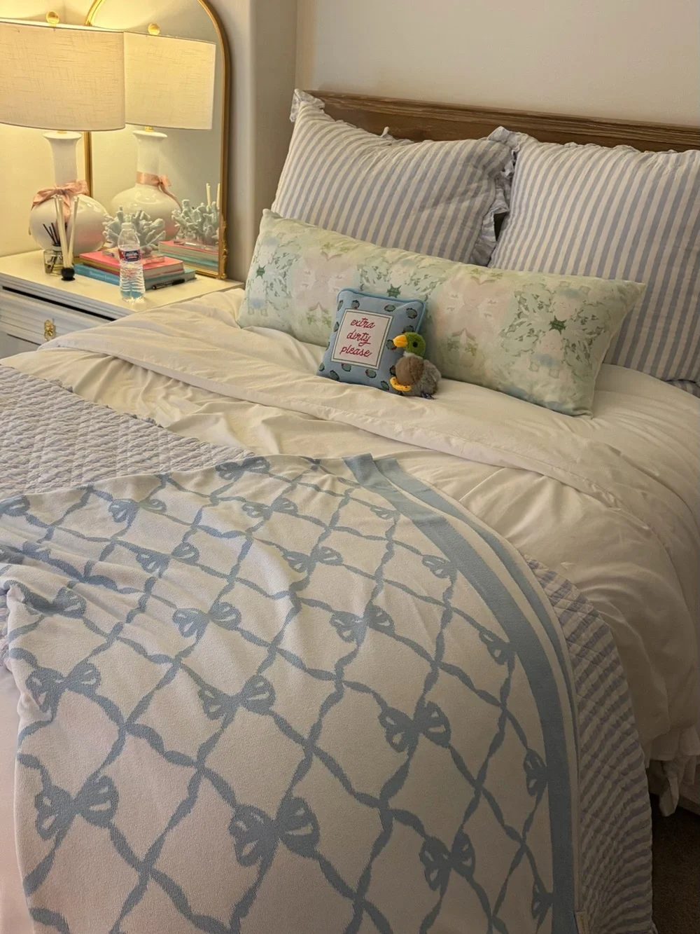 loveshackfancy bow throw blanket blue and white reversible